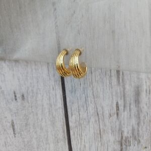 Vintage Monet Gold Tone Stud Hoop Earrings, Stripe Texture Design, Signed